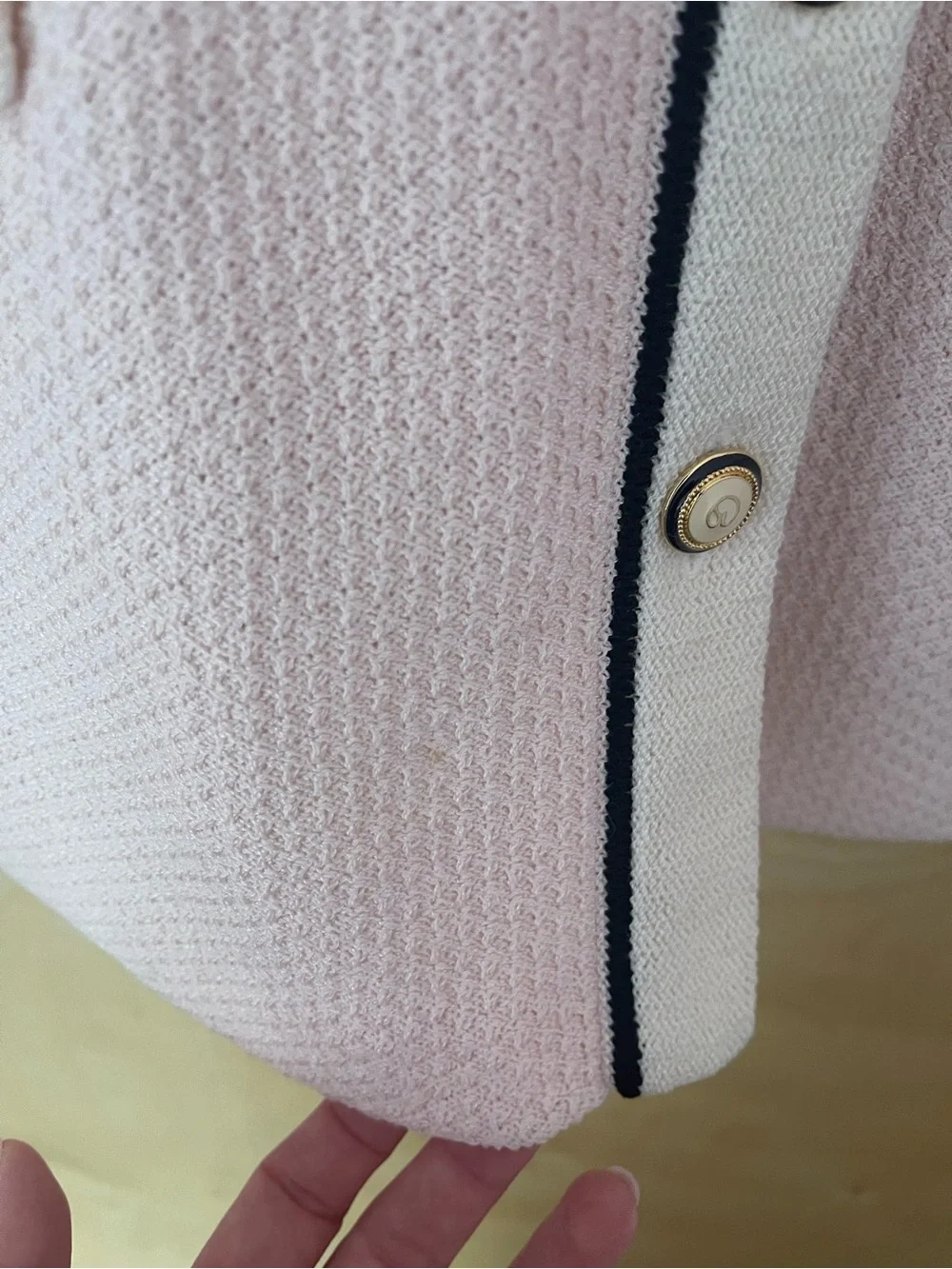 Vintage St. John Blush Pink Knit Cardigan with Cream Trim and Black Piping